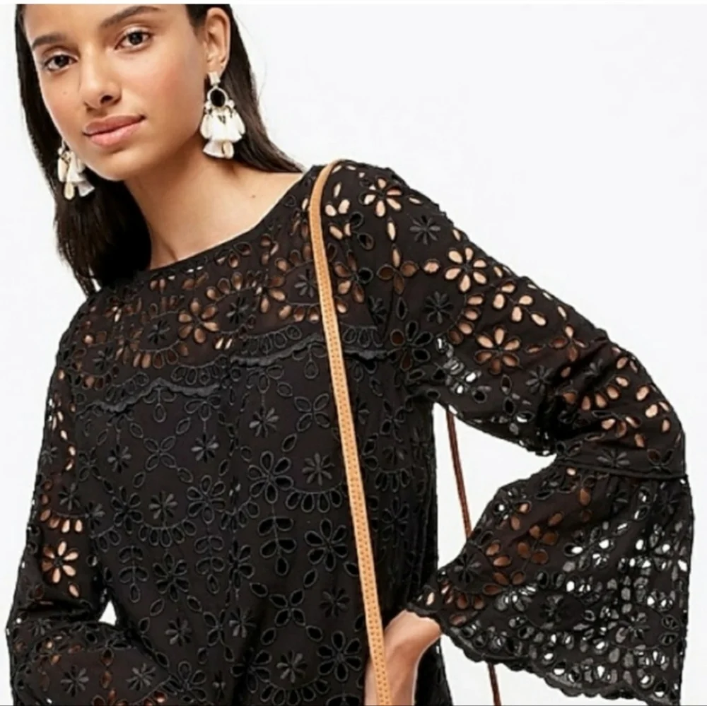 J.Crew Cora Lace Embroidered Eyelet Black Bell Sleeve Dress Size 0